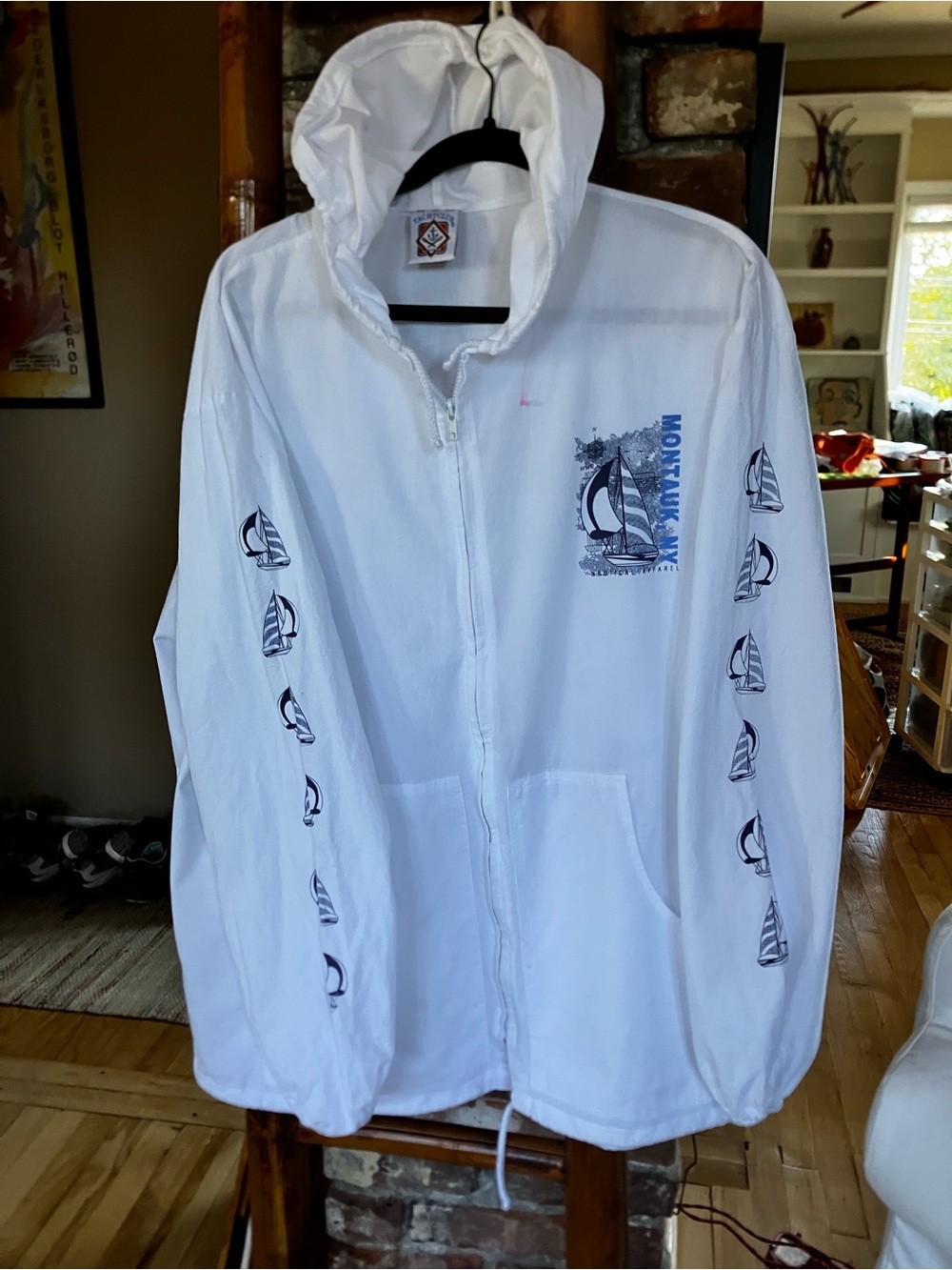 Vintage Yacht Club Montauk NY Full Zip Windbreaker Jacket XXL White Graphic